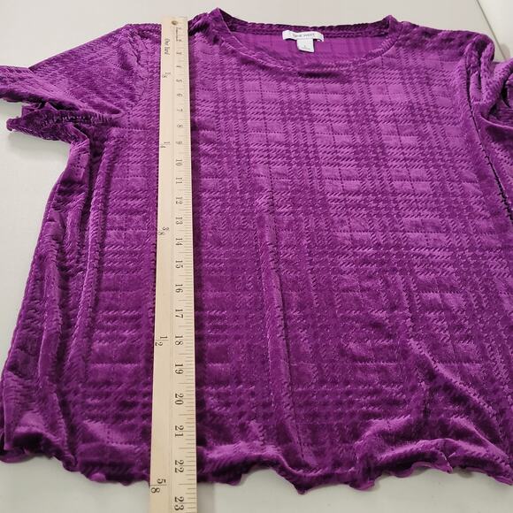 Nine West Purple‎ Plaid Velvet Lettuce Hem Short Sleeve Blouse Size Large - Picture 11 of 11